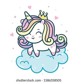 Cute pony vector, Princess Unicorn cartoon on cloud (Kawaii animal) girly doodles Child little horse character Illustration in sweet pastel color, Fairytales magic. Nursery baby decor, hand drawn.