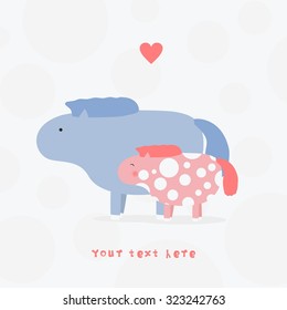 Cute ponys, valentines love greeting card, stock vector illustration
