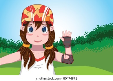 Cute ponytail girl in helmet and protection  with hand up