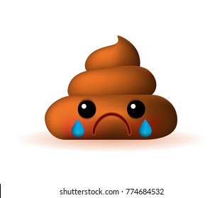 Cute Poo Emoticon Crying on White Background. Isolated Vector Illustration 