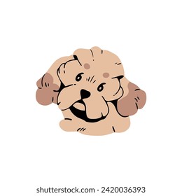 avatar de Cute Poodle. Un cachorro esponjoso de la raza de juguete perrito. Cría divertida de perrito maltés. Feliz retrato de maltipoo. Hocico de mascota entretenido. Ilustración vectorial aislada plana sobre fondo blanco