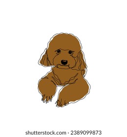 Cute poodle, continuous line drawing, dog pet small tattoo, brown doggy print for clothes, silhouette one single line on white background, isolated vector illustration.