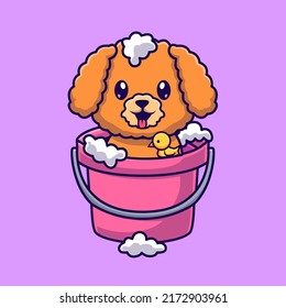 Cute Poodle Dog Bathing In Bucket With Bubble Cartoon Vector Icon Illustration. Animal Nature Icon Concept Isolated Premium Vector. Flat Cartoon Style