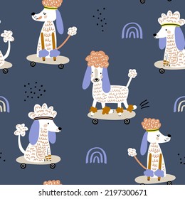 Cute poodle dog childish seamless pattern. Funny dog on skateboard. Vector illustration