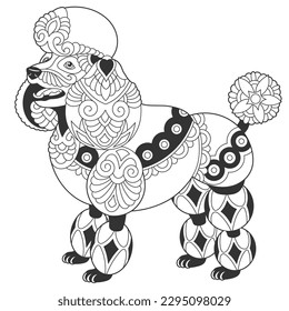 Cute poodle dog design. Animal coloring page with mandala and zentangle ornaments