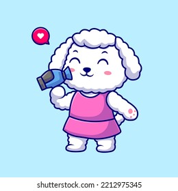 Cute Poodle Dog Holding Hair Dryer Cartoon Vector Icon Illustration. Animal Technology Icon Concept Isolated Premium Vector. Flat Cartoon Style