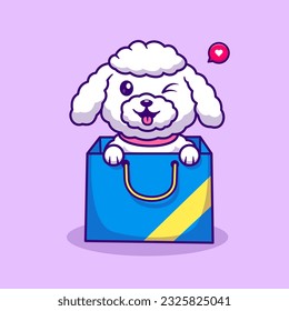 Cute Poodle Dog Playing In Paper Bag Cartoon Vector Icon Illustration. Animal Nature Icon Concept Isolated Premium Vector. Flat Cartoon Style