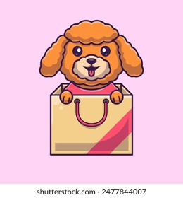 Cute Poodle Dog Playing In Paper Bag Cartoon Vector Icon Illustration. Animal Nature Icon Concept Isolated Premium Vector. Flat Cartoon Style