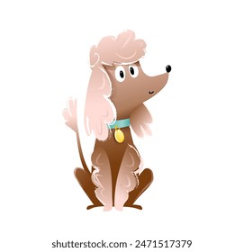 Netter Pudel Hund Welpe sitzend, reinrassige lockige Hund.. Lustiges Hündchen, bester Freund Pudel Charakter Grafikdesign, Kinder Illustration. Haustier Vektorgrafik Clipart Cartoon für Kinder.