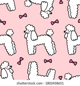 Cute Poodle dog seamless pattern vector illustration. White Poodle dog on pink background