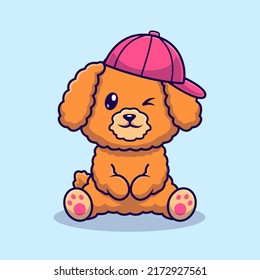 Cute Poodle Dog Sitting With Hat Cartoon Vector Icon Illustration. Animal Nature Icon Concept Isolated Premium Vector. Flat Cartoon Style