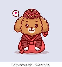 Cute Poodle Dog Wearing Traditional China Costume Cartoon Vector Icon Illustration. Animal Holiday Icon Concept Isolated Premium Vector. Flat Cartoon Style