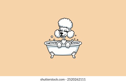 Cute poodle enjoying a bubble bath in a bathtub.