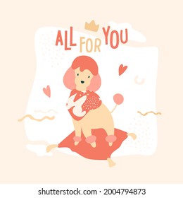Cute poodle filled with abstract shapes and sitting on pillow. All for you text. Greeting card, poster with dog in pop art style and hand drawn elements stars, crown, lines on background.