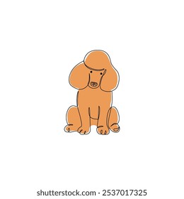 Poodle bonito isolado no fundo branco. Desenho abstrato para cães. Uma parte de linha contínua do animal de estimação canino. Engraçado cão Poodle sentado. Ilustração linear minimalista do vetor. Raça doméstica para logotipo, sinal