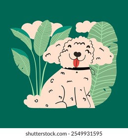 Filhote de cachorro poodle bonito na natureza. Ilustração infantil vetorial com cachorro engraçado