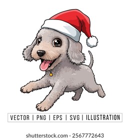 Cute Poodle Puppy in Santa Hat - Christmas Cartoon Vector Illustration