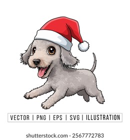 Cute Poodle Puppy in Santa Hat - Christmas Cartoon Vector Illustration