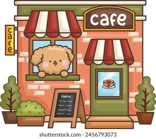 a cute poodle running a cafe