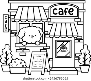 a cute poodle running a cafe in black and white coloring