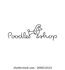 Cute poodle shop dog one line vector illustration. Hand drawn black outline silhouette of poodle breed with text. Isolated logo.