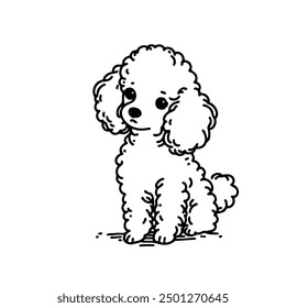 A cute poodle is sitting on the ground. The dog has a sad expression on its face