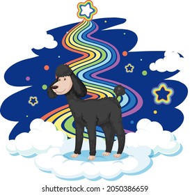Cute poodle standing on the cloud with rainbow illustration