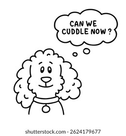 Cute poodle vector illustration. Hand-drawn funny little dog in doodle style, black and white outline with text in a speech bubble. Perfect for design projects, stickers, or children's content.