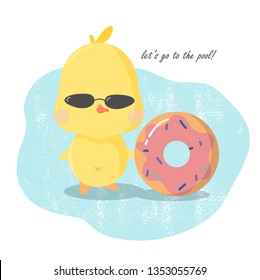Cute pool party invitation card, Yellow duck with inflatable dougnut vector banner.
