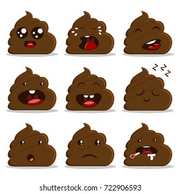 Cute poop with different emotion set. Vector cartoon flat icons isolated on white background.