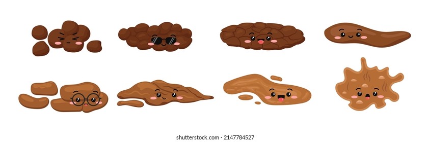 Cute Poop Excrement Character For Bristol Scale Chart Feces. Different Type Constipation Baby Poo - Hard, Soft, Cracked, Watery Cartoon Vector Icon Isolated. Flat Design Vector Clip Art Illustration.