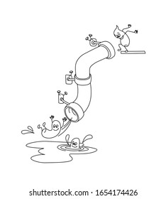 Cachorros adorables divertidos y deslizándose por una tubería de alcantarillado, concepción de toboganes de agua, caricatura graciosa, ilustración vectorial con líneas de contorno negro aisladas en fondo blanco dibujado a mano y estilo caricaturista
