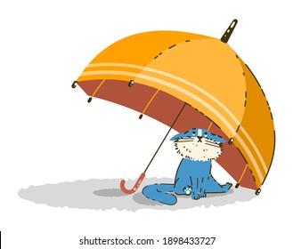 A cute poor blue cat sits under a yellow umbrella. Isolated flat vector illustration on white background in cartoon style