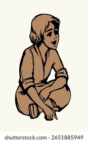 Bonito pobre pequeno rural judeu vagabundo assento descanso brincalhão espera relaxar. Linha preta desenhada à mão pequena senhora pensar olhar torcer esperança alegre diversão jogar amor devot israel judeu deus biblic velho retro idade história arte