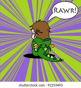 Cute pop art doodle of a girl dressed as a dinosaur