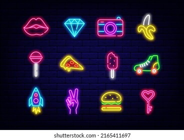 Kollektion der Neonsymbole für die scharfe Pop-Art. Banane und Eis. Lollipop und Hände. Sommerkonzept. Burger und Pizza. Einfache Symbole für Bar, Café und Shop. Bearbeitbarer Strich. Vektorgrafik