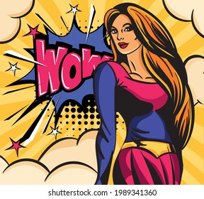 Cute pop art poster of superwoman in blue and violet costume. Beautiful female superhero with wow lettering in comics style. Flat cartoon vector illustration