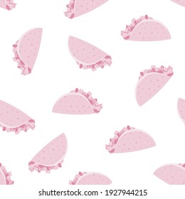 Cute pop art seamless pattern with pink flat mexican tacos on white background. Tasty fastfood texture for textile, cafe and restaurant wrapping paper design, covers, banners, wallpaper