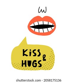 Cute pop art Valentine's Day card design with hand lettering. Lips with red lipstick saying Kiss and hugs. Vector hand-drawn isolated illustration.