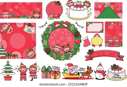 Cute pop Christmas frame and illustration set with lots of children and decorations