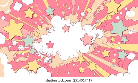 Un marco de estilo de arte cómico lindo y pop con estrellas en explosión, nubes y burbujas de discurso. Una ilustración con un fondo rosa y espacio de copia.