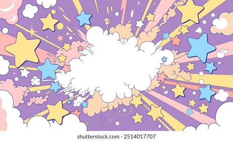 Ein süßer und popkomischer Kunststil mit explodierenden Sternen, Wolken und Sprechblasen. Eine Illustration mit violettem Hintergrund und Kopienraum.