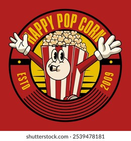Cute Pop Corn Food Retro 70s 80s Cartoon Character Mascot Vector Illustration in Groovy Style for Bar Restaurant poster, flyer, brochure, invitation, greeting card, banner