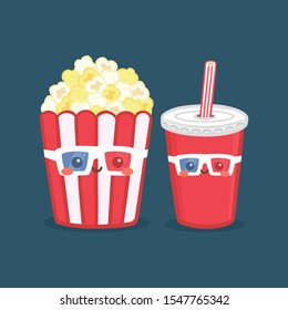 Cute Pop Corn Popcorn Bucket Box and Soda Cup Wear Cinema Movie 3D Glasses Cartoon Character Vector Illustration Icon