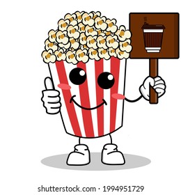 Cute Pop Corn Popcorn Character in Red Bucket Box Cinema Snack Vector Illustration of Popcorn Cartoon Character Icon