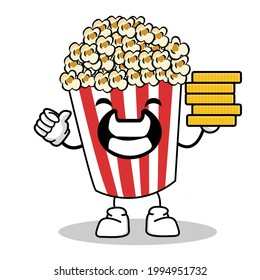 Carácter de palomitas de maíz pop en caja de cubo rojo en cine Vector de refrigerios Ilustración del personaje de caricatura de palomitas