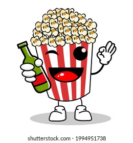 Cute Pop Corn Popcorn Character in Red Bucket Box Cinema Snack Vector Illustration of Popcorn Cartoon Character Icon