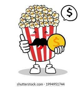 Cute Pop Corn Popcorn Character in Red Bucket Box Cinema Snack Vector Illustration of Popcorn Cartoon Character Icon