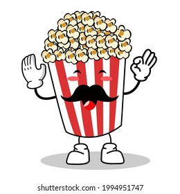Carácter de palomitas de maíz pop en caja de cubo rojo en cine Vector de refrigerios Ilustración del personaje de caricatura de palomitas