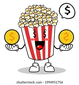 Carácter de palomitas de maíz pop en caja de cubo rojo en cine Vector de refrigerios Ilustración del personaje de caricatura de palomitas